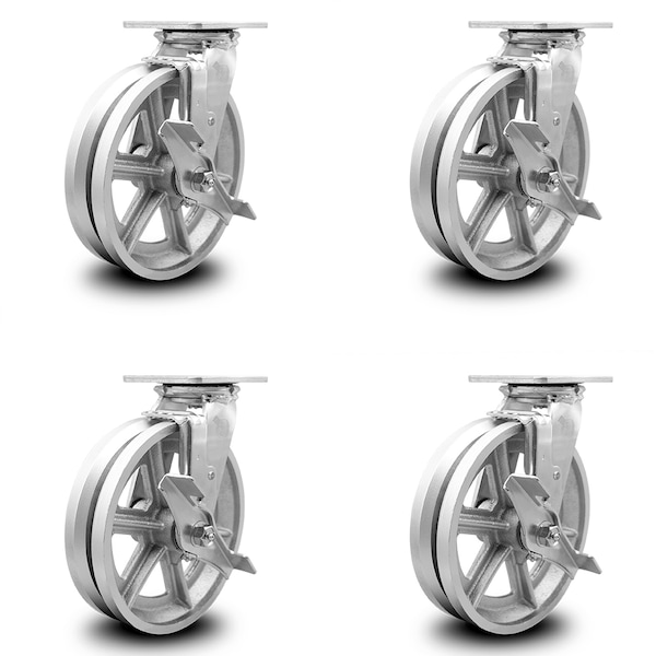 8 Inch V Groove Semi Steel Caster Set with Roller Bearings and Brake/Swivel Lock